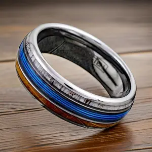 Mens Deer Antler, Blue Fishing Line, and Whiskey Wood Ring. Fishing Enthusiast Gift