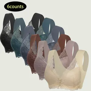 【6PCS】Women's Contrast Lace Hook & Eye Front PushUp Bra Soft Comfortable Elegant Breathable Wireless Lingerie Top for Daily Wear Vneck Basic Minimalist Everyday Style Womenswear