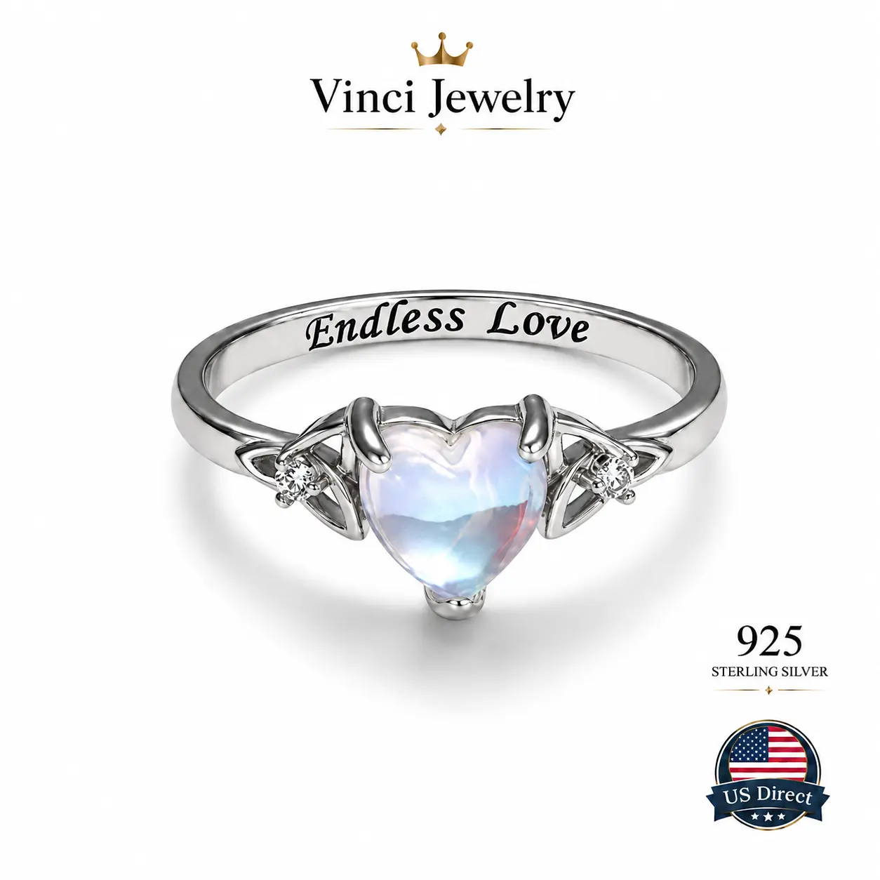 925 Heart Synthetic Moonstone Celtic Ring with 'Endless Love' Engraving, Elegant and Romantic Moon Knot Ring Women's Jewelry for Lover, Perfect Gift for Girls, Engagement Wedding Ring, for Daily Wear and Party, Christmas Gift