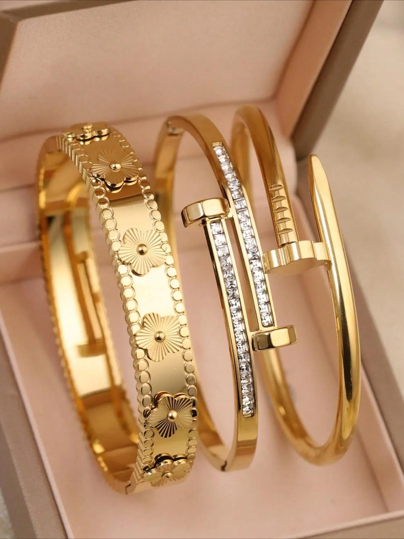 Stainless Steel 3 Pcs Bracelet Set with Cubic Zirconia for Women's Daily Wear & Wedding Gifts Exquisite Trendy Design woman anniversary birthday gift Random set of 3pcs