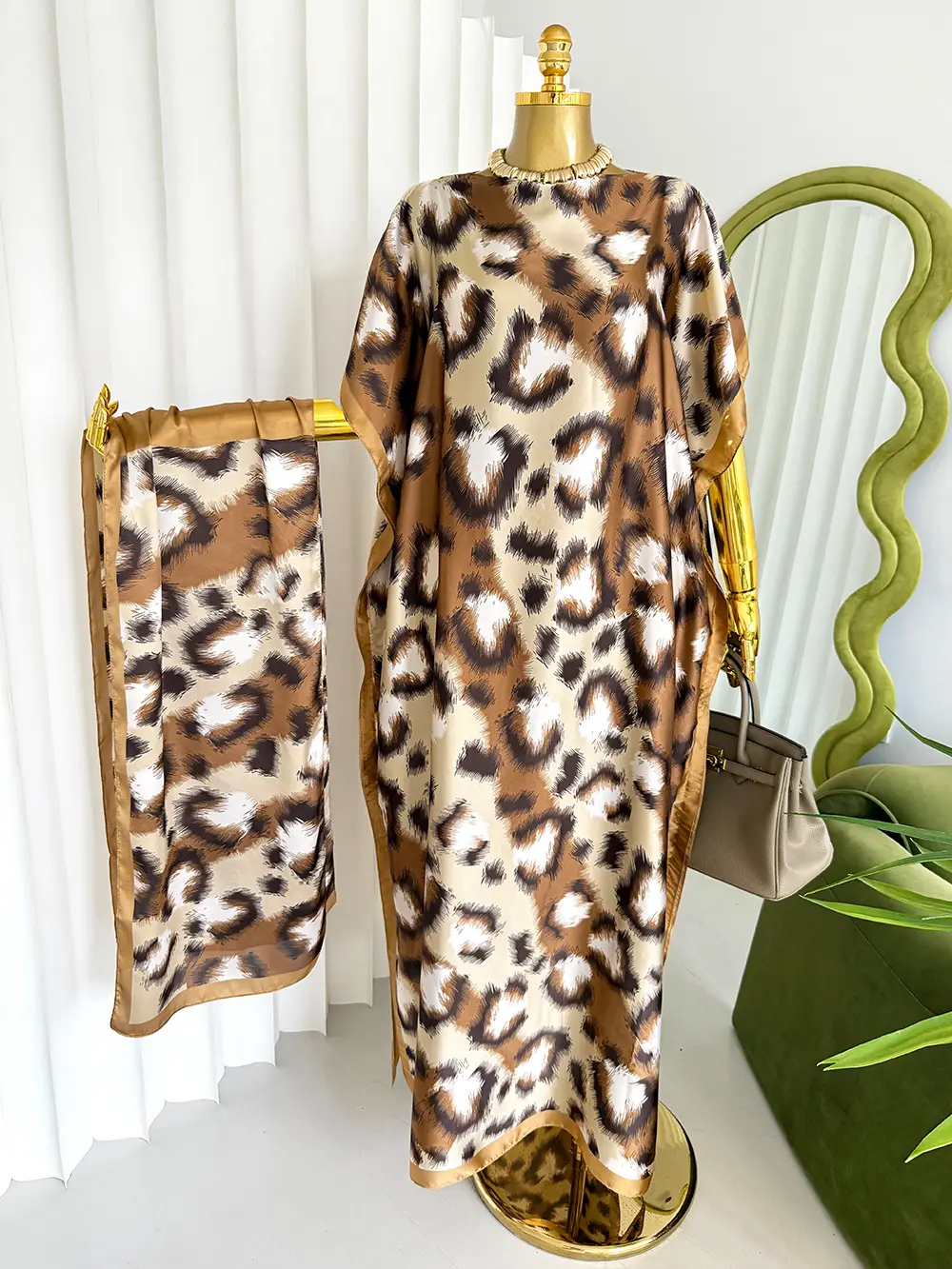 Women's Timeless Fierce Leopard Print Silky 2-Piece Kaftan & Wrap Set, Comfortable Flowy Maxi Kaftan Dress, Trendy Clothing Sets Women Going Out