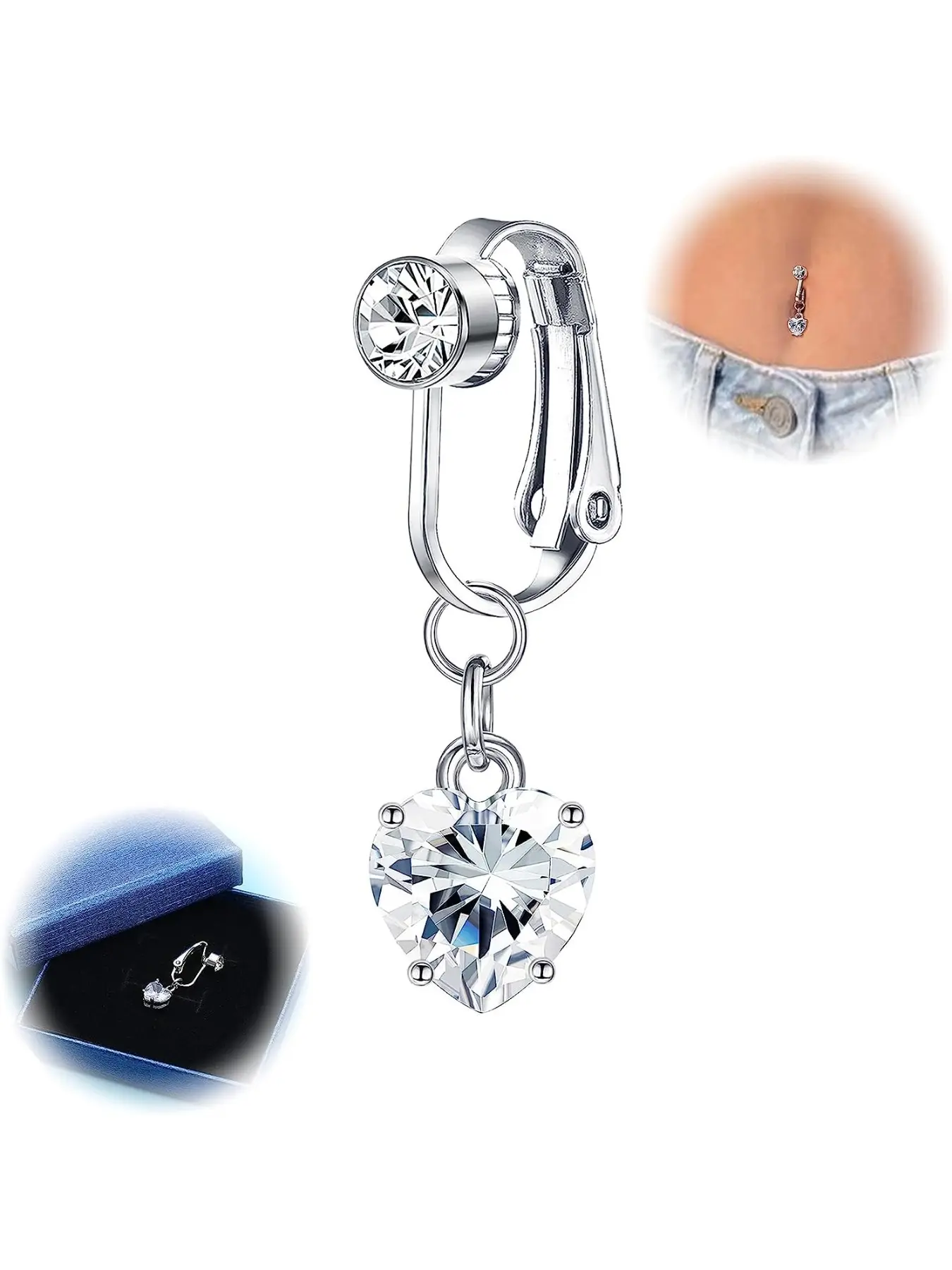Fake Belly Piercing for Women Clip on Belly Button Rings 316L Steel CZ Butterfly Heart Fake Navel Ring Non Pierced Piercing Jewellery with Gift Box