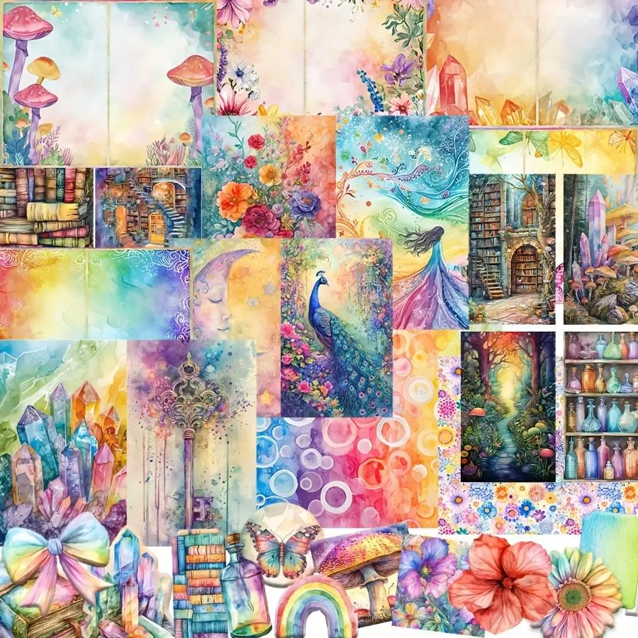 Rainbow Themed Paper & Sticker Set, 128pcs/set Colorful Flower & Book Pattern Paper & Sticker, DIY Decorative Paper for Scrapbooking, Journaling, Gift Wrapping, Art Stickers, Crafts, Scrapbooking Ephemera