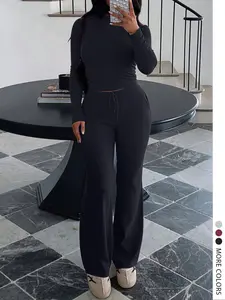 Women's Casual Solid Color Long Sleeve Round Neck Top & Drawstring Pants Set, Comfortable Fall Fashion, Daily Wear & Leisure