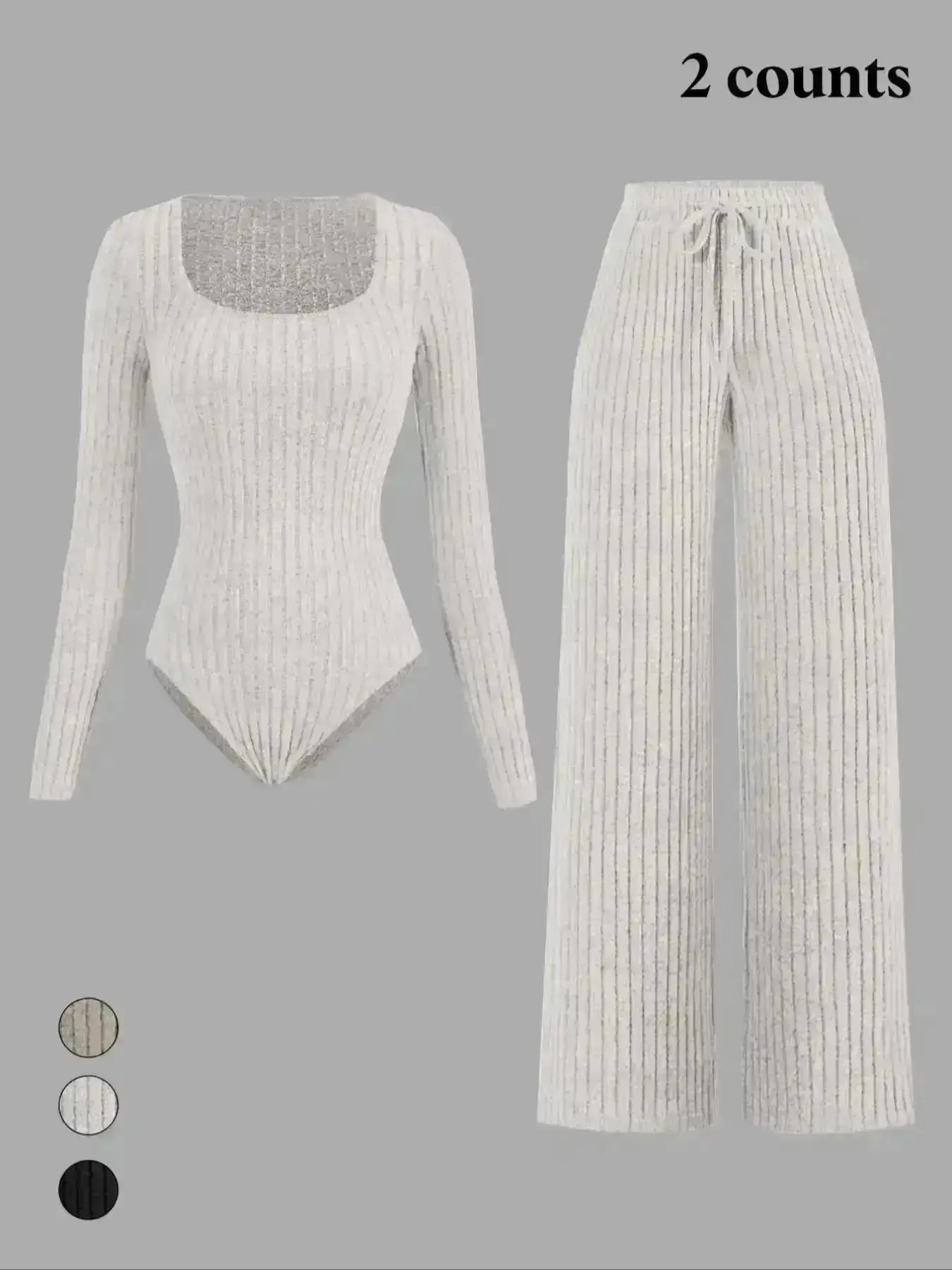 Trendy Women's Slim Fit Solid Color Ribbed Fleece Bodysuit and Wide Leg Pants Set Lounge Matching Outfits Casual Fall Winter Cozy Suit, Comfort, Coord Set, Comfort Fit Essential Wardrobe Piece Casual Everyday Street