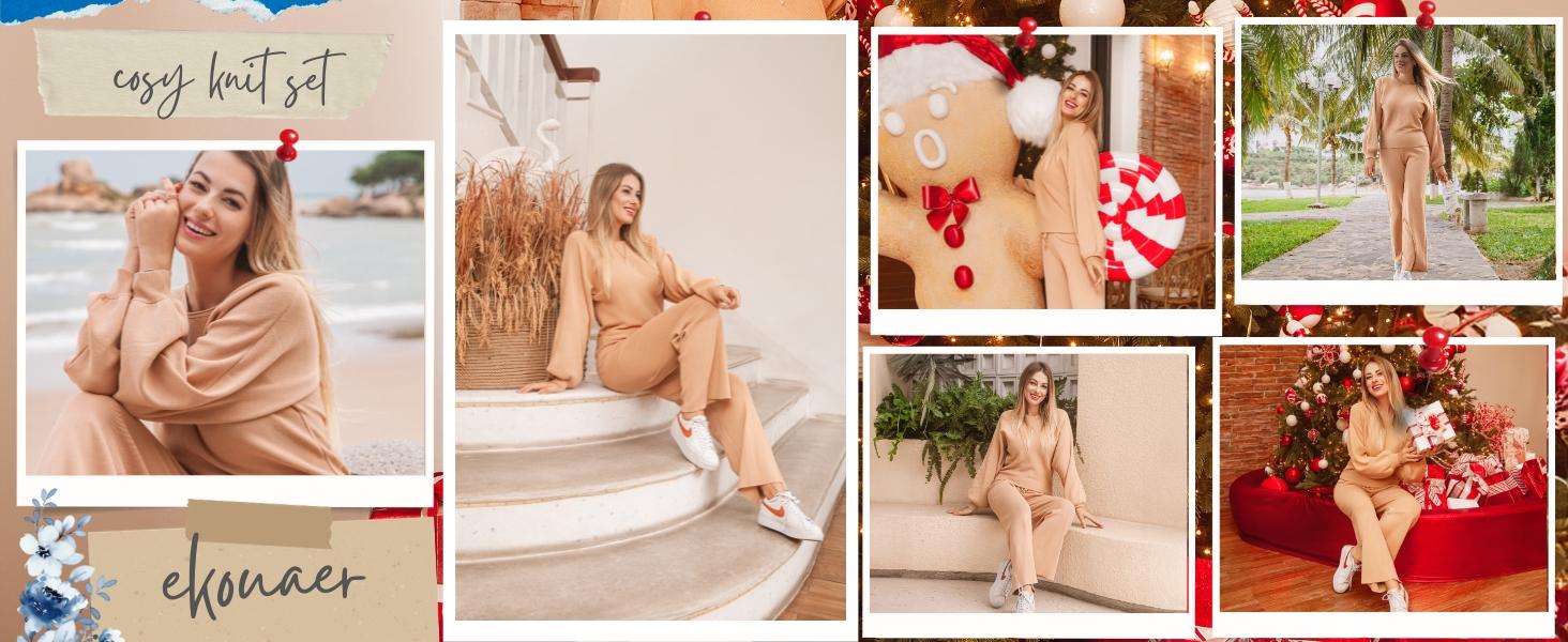 Ekouaer Women's two-piece set long sleeved pullover top with pockets wide leg pants casual set Pajama Loungewear Nightwear，Outfits for Daily, Downtown Girl Clothes. Fal Outfits, Christmas 2025 Trend, Fall & Winter Womenswear