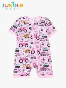 JUNBLEBABY Unisex Baby Bamboo Fiber Reversible Footed Sleepwear - Pink Excavator Print Zipper Pull-Through Dress, Short Sleeve, Double Zippers, Breathable Soft Bodysuit