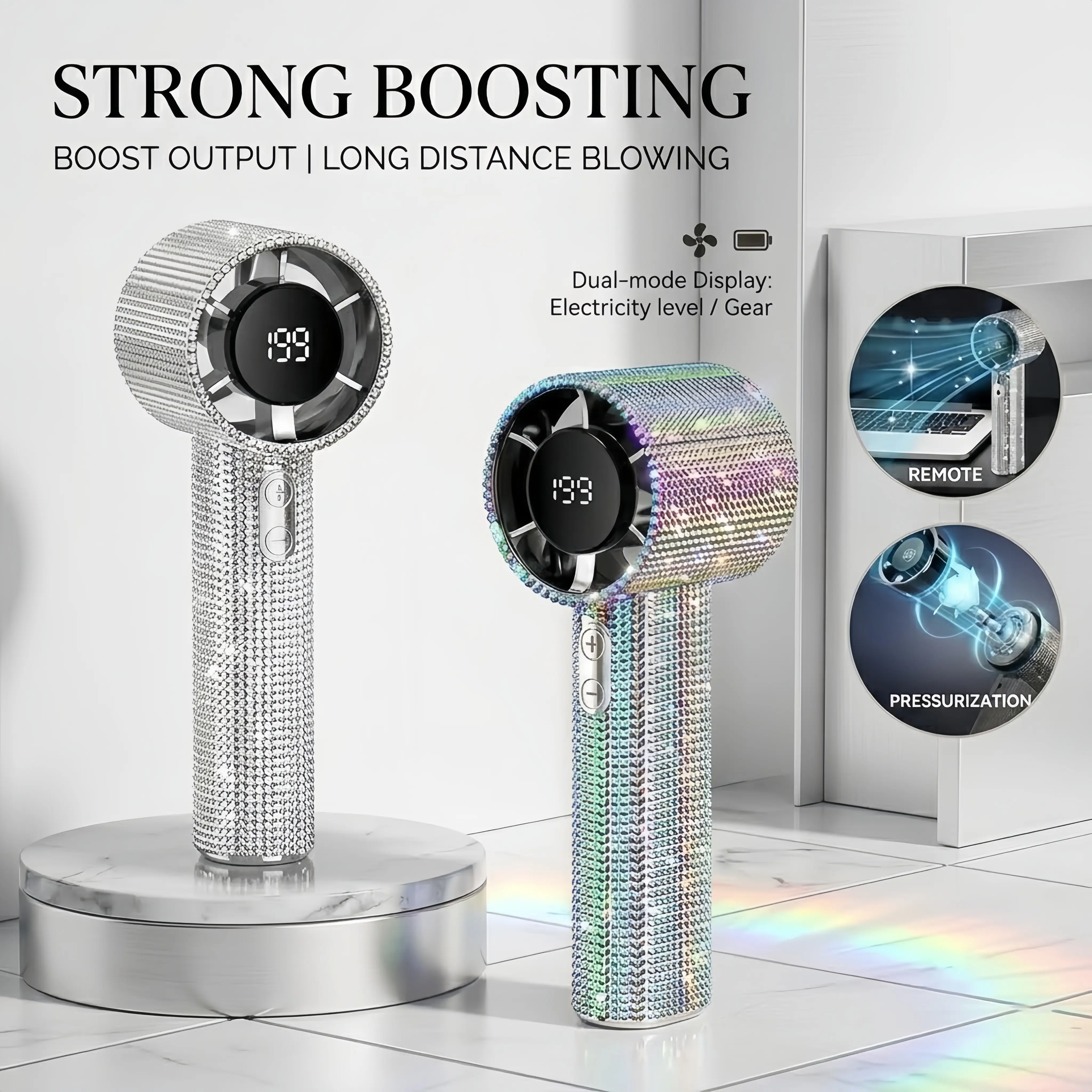 Bling Queen Diamond Handheld Fan, Portable Mini Fan with Digital Display, Adjustable Speed Rechargeable Personal Fan for Travel, Makeup, Outdoor, Women's Gifts