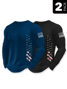 Men's 2 Pack American Flag Long Sleeve T-Shirts - Patriotic USA Flag Graphic Tees in Black & Navy, Casual Athletic Crewneck Tops for 4th of July, Memorial Day, Everyday Wear, Workouts, and Patriotic Outfits, Comfortable Soft Multipack Tees Ideal for Patri