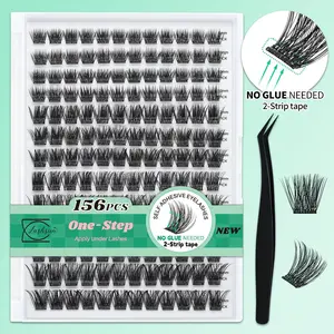 Lashsun Self Adhesive Eyelashes, 156 Pcs D Curl Self Adhesive Eyelash Clusters, No Glue Needed, Invisible 2-Strip Tape - Longer Lasting, No Sticky Residue Pre Glued Eyelashes
