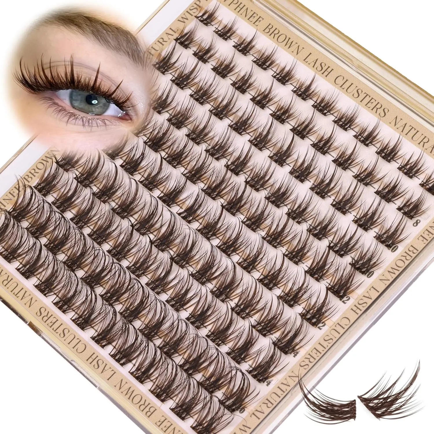 Brown DIY Eyelash Extensions with Clear Tape, Cosmetic False Lashes, 120pcs Cat-Eye D-Curl Clusters (8-16mm), Wispy & Fluffy Eyelash Clusters, DIY Cluster Lashes, Natural Dense Styles for Beginners