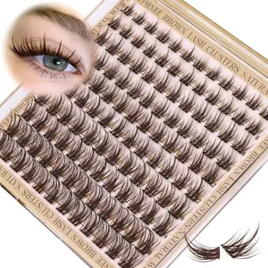 Brown DIY Eyelash Extensions with Clear Tape, 120pcs Cat-Eye D-Curl Clusters (8-16mm), Wispy & Fluffy Eyelash Clusters, DIY Cluster Lashes, Natural Dense Styles for Beginners