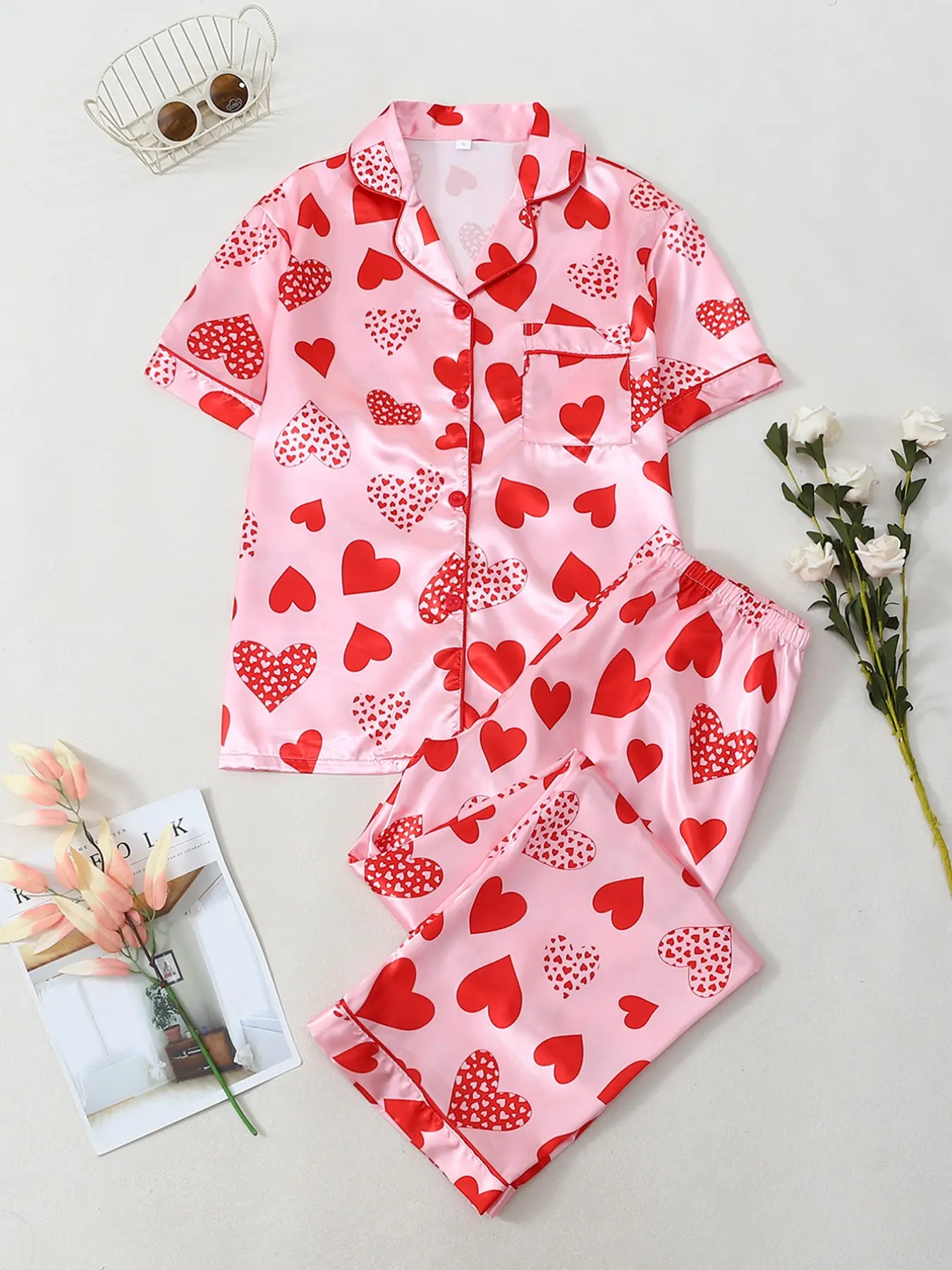 Spring Summer New Valentine's Day Heart Print Geometric Women's Fitted Pajama Set, Silk Fabric Breathable Comfort, Indoor Outdoor Wear, Casual Home Clothing Loungewear Nightwear Two-Piece Pjs