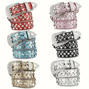 Skull Rivet Water Drill BB Belt – Fashionable Solid Color Shiny Cool PU Belt for Denim/Denim Pants, Suitable for Women, Girls, and Men