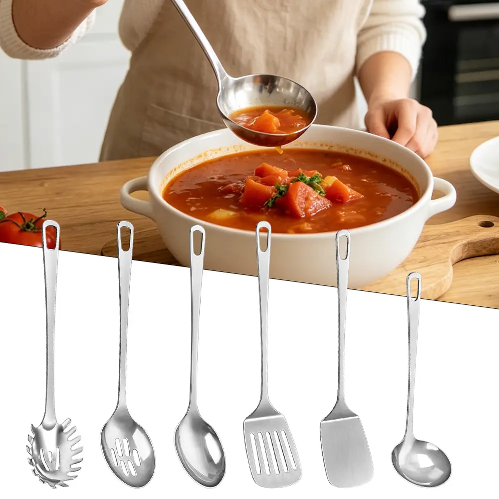 Stainless Steel 6-Piece Kitchen Utensils Set with Ergonomic Handles, Hanging Design, Durable, Easy to Clean for Boiling, Frying, Scooping, Serving - Ideal for Daily Meals, Outdoor Cooking, Camping