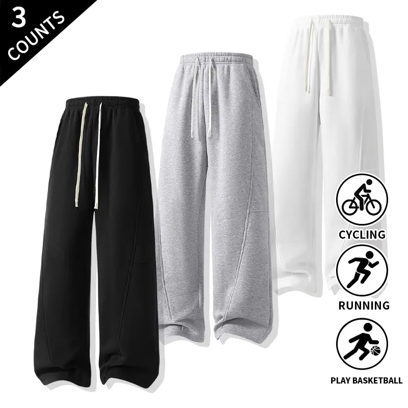 3-pack men’s straight-leg sweatpants, elastic waistband with drawstring, loose casual sports pants, soft workout trousers, available in multiple colors for cycling, streetwear, basketball, and everyday outfits