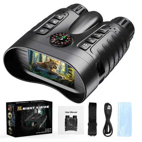 Ruaiok 4K Night Vision Binoculars - Infrared Night Vision Goggles with 3.2" HD Screen, 8X Digital Zoom, 7 IR Levels, 36MP Photo & UHD 4K Video, Rechargeable 2600mAh Battery, USB-C, 32GB Card for Camping Hunting Security