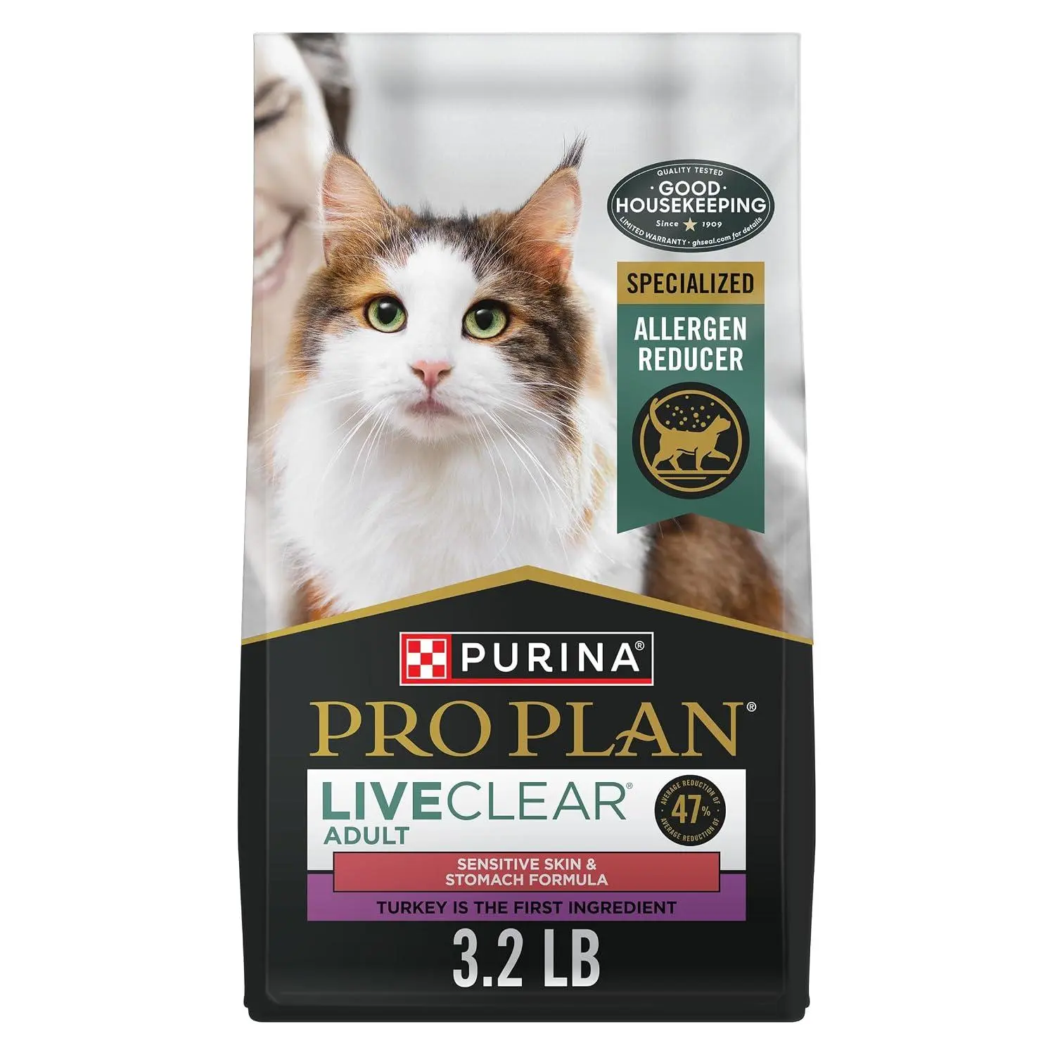 Purina Pro Plan Allergen Reducing, Sensitive Skin & Stomach, High Protein Cat Food, LIVECLEAR Turkey and Oatmeal Formula - 3.2 lb. Bag
