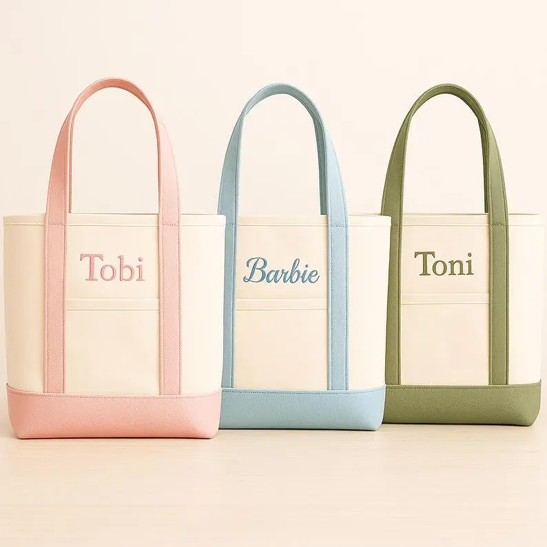 Personalized Embroidered Canvas Tote Bag - Custom Name Bag, Large Gift Tote for Bridesmaid, Teacher, Wedding, Birthday, Lightweight, 12oz Heavy-Duty Canvas, Reinforced Bottom & Handles, Front Pocket for Extra Storage