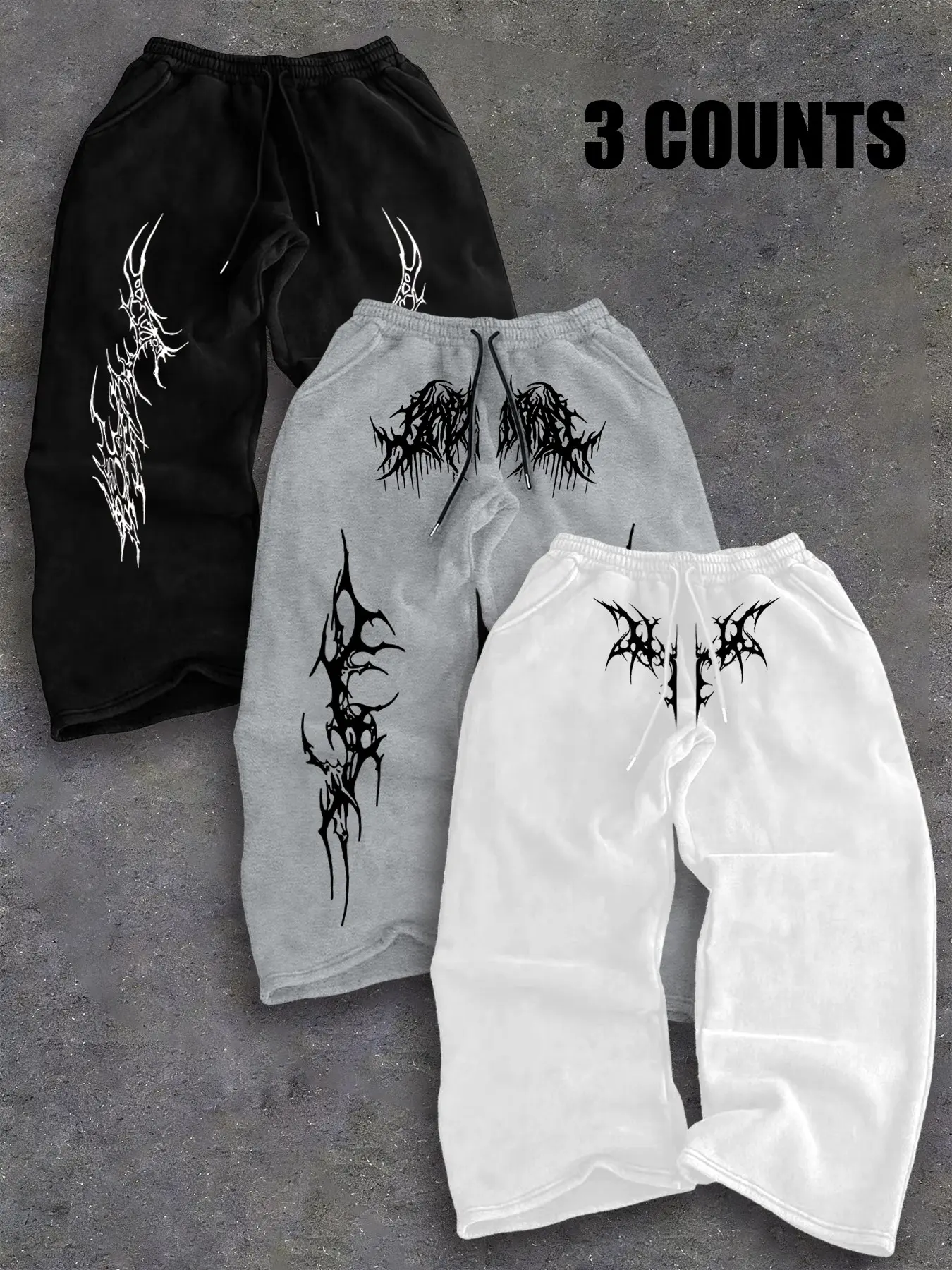 3 Piece Set Dark Thorn Totem Print Drawstring Waist Sweatpants, Men's Loose Drawstring Gym Shorts, Athleisure Sportswear Set, Streetwear Fashion, Floral Pattern, Comfortable Trousers, Comfy Athleisure Pants, Athleisure Style Bottoms