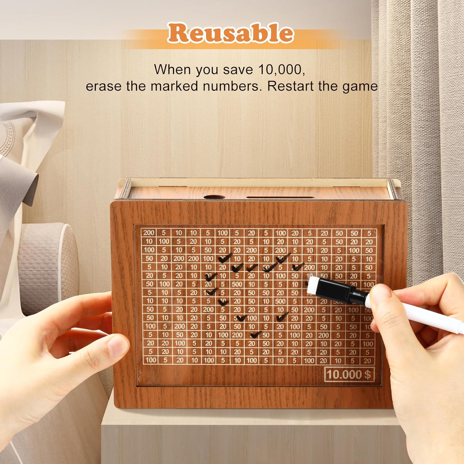 10000 Savings Challenge Box, Money Saver Box 10k Smash, Wooden Digital Save Piggy Bank for Adults Kids, Cash Vault Wooden Savings 10,000 Dollar, Caja De Ahorros, Cashbox Kakeibo