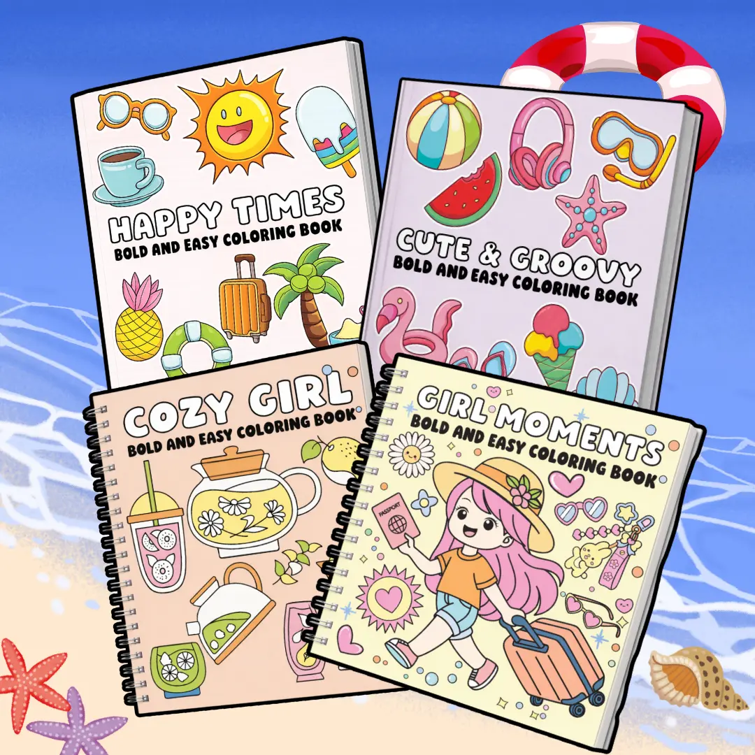 Summer Getaway 4-Book Coloring Bundle - Office Stationery Art Supplies with Bold Lines, Lifestyle Creativity Paper for Unisex Relaxation Needs
