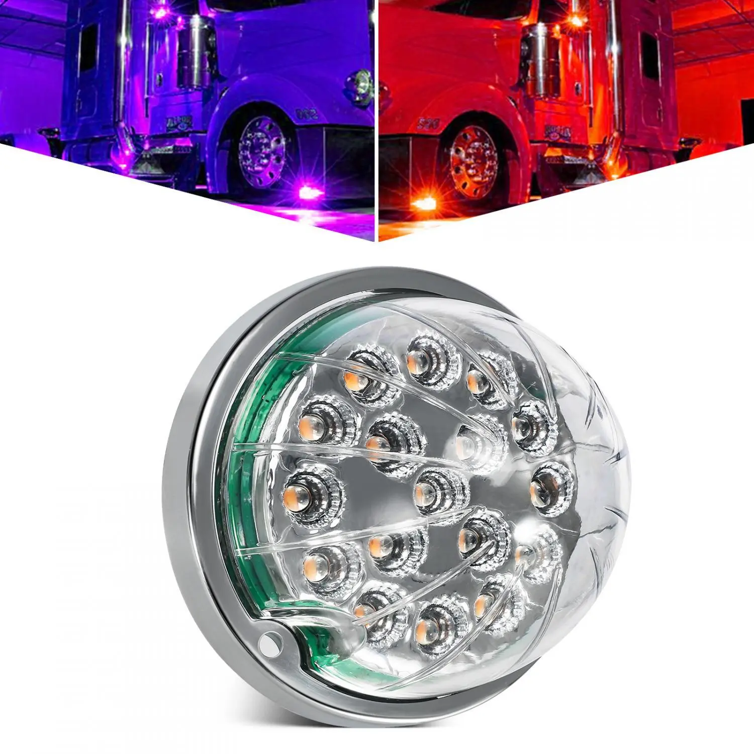 Partsam 1Pc Dual Revolution 17 LED Watermelon Light for Semi Truck, Red Stop Turn Signal and Marker to Purple Auxiliary Light, Underglow Light