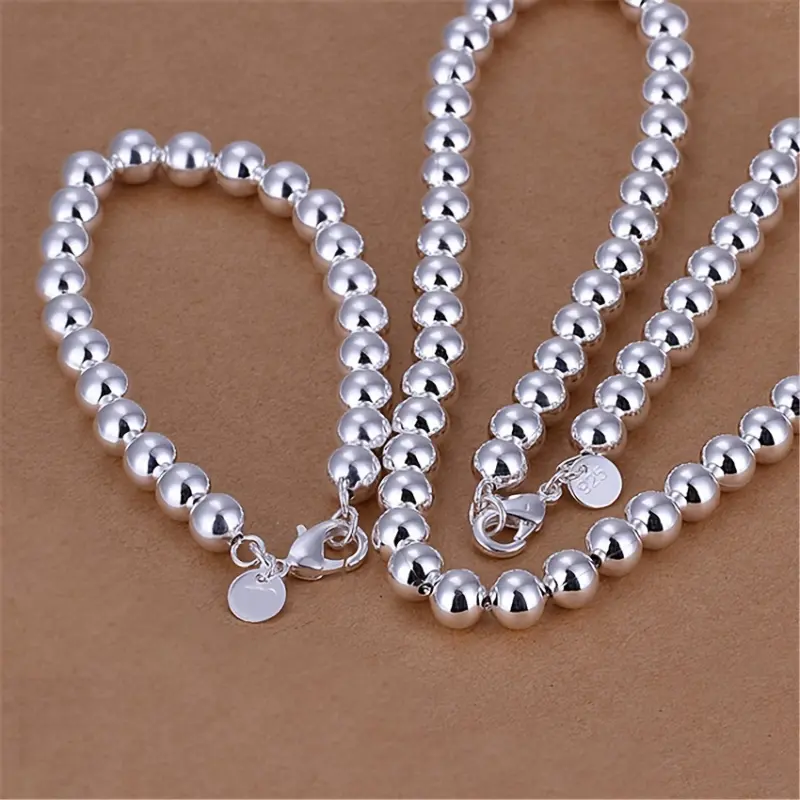 Men's & Women's 925 Sterling Silver 2-Piece Creative Bead Jewelry Set - Hypoallergenic Bracelet & Necklace Combo - Gift for Couples - Suitable for Daily & Party Wear