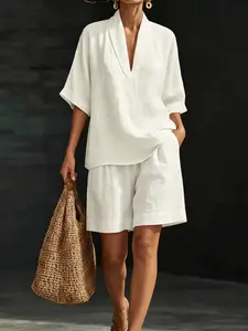 Summer Women's Linen Breathable Two-Piece Set, V-Neck Loose Half-Sleeve Top + Shorts, Casual Vacation Home Wear, Comfortable, Stylish and Chic