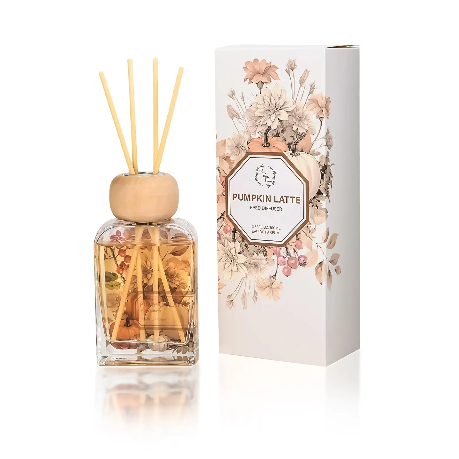Pretty Valley Home-Pumpkin Latte Reed Diffuser - Elegant Home Fragrance Gift Set (3.4 fl oz) - Decorative Glass Bottle with Sticks for Bathroom Shelf, Living Room & Housewarming Gift