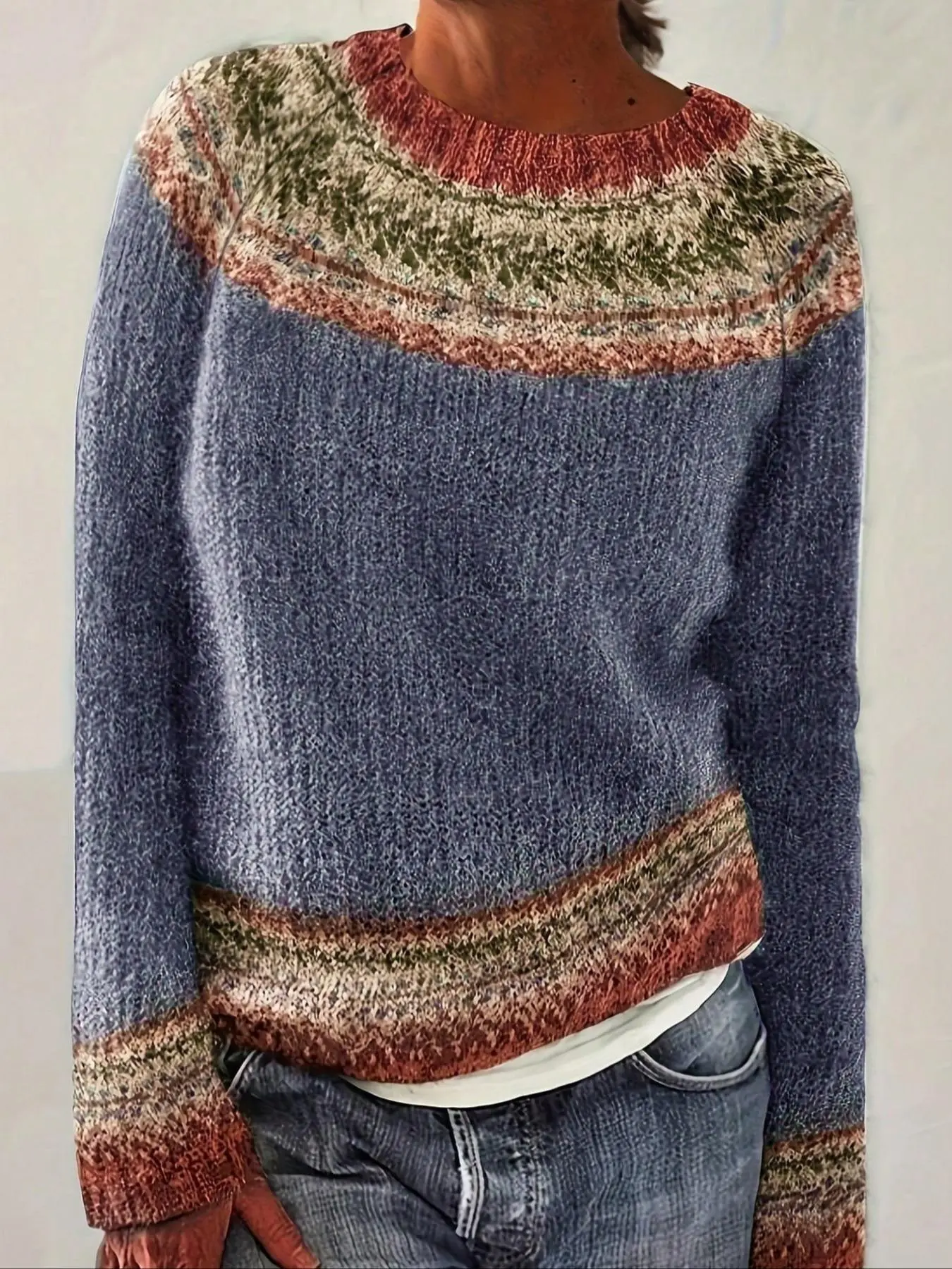 Women's Ethnic Floral Pattern Raglan Sleeve Sweater, Casual Long Sleeve Round Neck Jumper for Fall & Winter, Fashion Ladies' Knitwear for Daily Wear Tops, Womenswear
