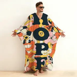 Japanese Abstract Artist Print Hooded Pullover Kaftan Robe, Modern Zen Inspired Graphic Long Sleeve Closed Front Loungewear, Soft Cotton Minimalist Art Robe, Contemporary Asian Aesthetic Sleepwear