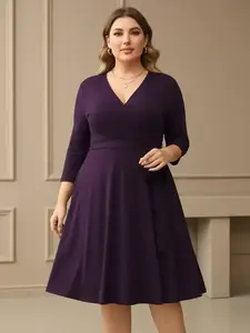 【Plus Size】Trendy Plain Wrap V Neck Belted A Line Plus Size Dress, Women's 3/4 Length Sleeve Solid Dress, Fall Outfit