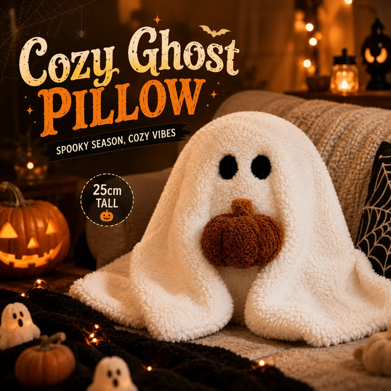 Halloween Ghost Pillow, Ultra Soft Faux Wool Plush Throw Pillow, Cute Pumpkin Ghost Decor for Bedroom Couch Sofa, Cozy Halloween Decoration, Gift Ideas for Kids, Friends & Family