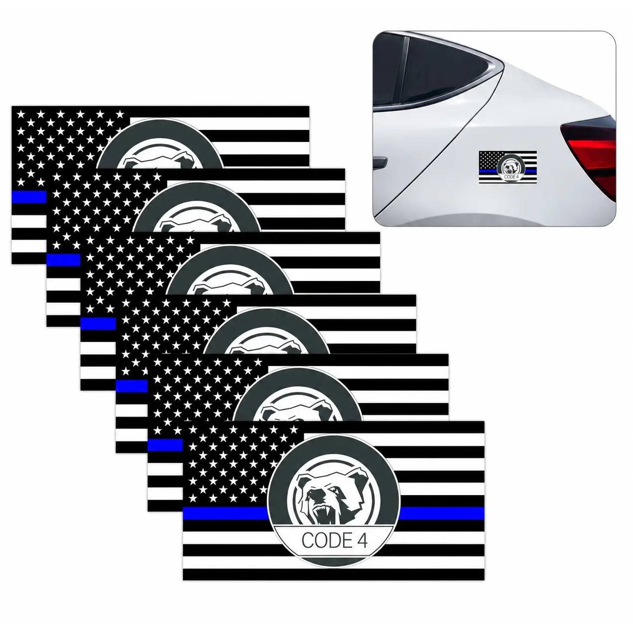 6PCS Thin Blue Line Code 4 Stickers, American Flag Police Support Car Decals, Non-Reflective Vinyl Bumper Stickers for Cars Trucks Windows Laptops