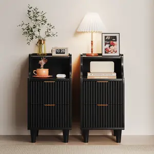 TOKSOM Bedside Table Set of 2,Tall Nightstand with 2 Drawer and Cubby,Wooden Bedside Table for Bedroom Small Space,Tall Bedside Cabinet Telephone Table,15.75″D × 11.81″W × 24.41″H,White/Walnut/Black