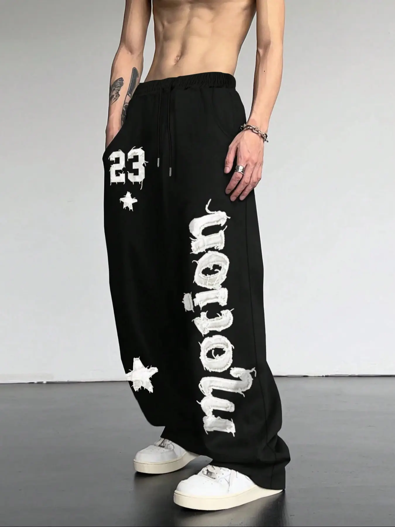 Men's Casual Sporty Long Pants, Letter & Star Print Drawstring Wide Leg Joggers, All Season Loose Fit Men's Clothing, Wide Sweatpants