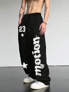 Men's Casual Sporty Long Pants, Letter & Star Print Drawstring Wide Leg Joggers, All Season Loose Fit Men's Clothing, Wide Sweatpants