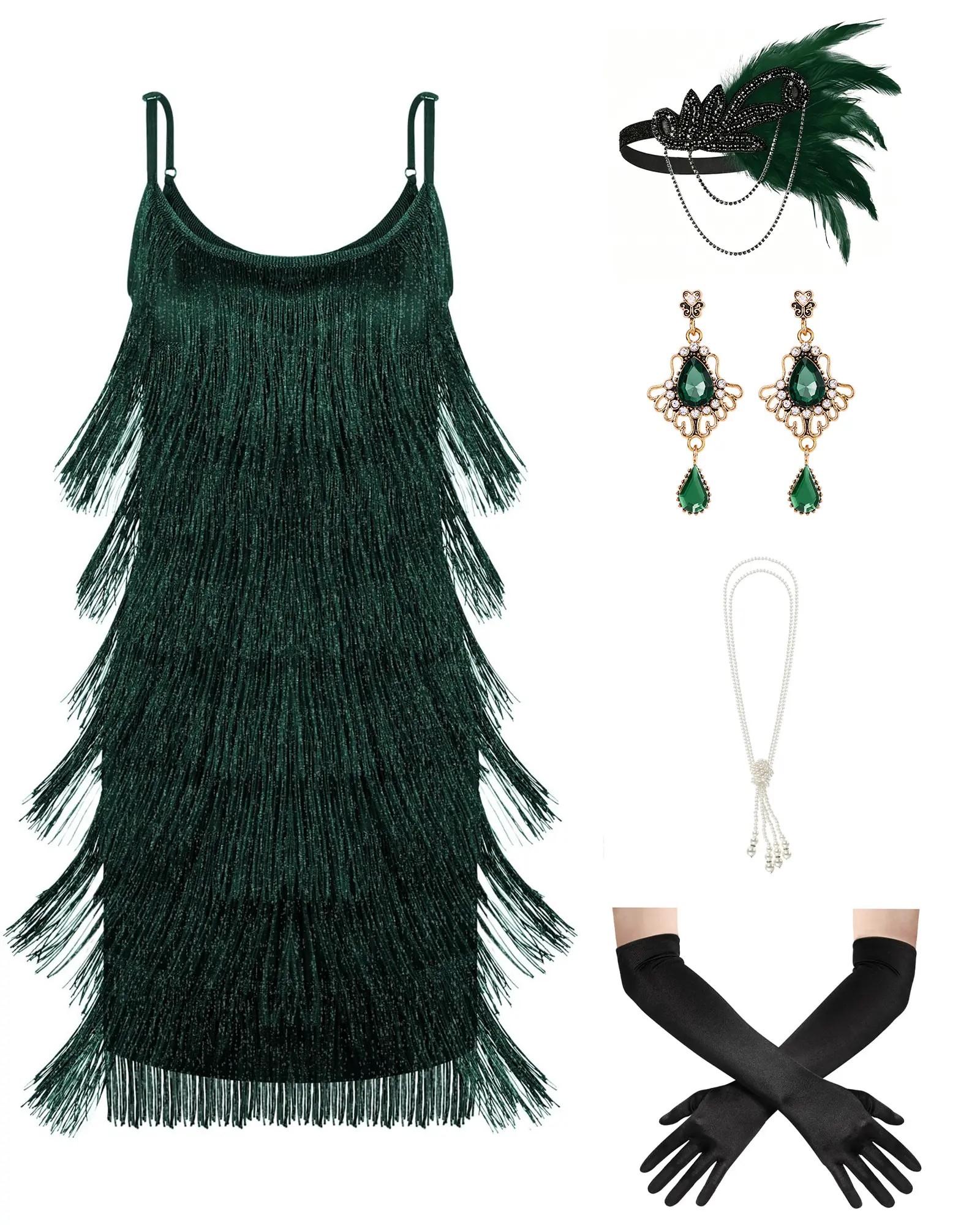 Women 1920s Flapper Costume Set Fringe Dress with Feather Headband Earrings Pearl Necklace Long Gloves Great Gatsby Roaring 20s Party Outfit