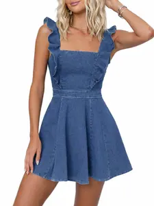 utcoco Denim Dress for Women Ruffle Adjustable Strap Sleeveless Backless Babydoll Mini Jean Dresses SpringStatements