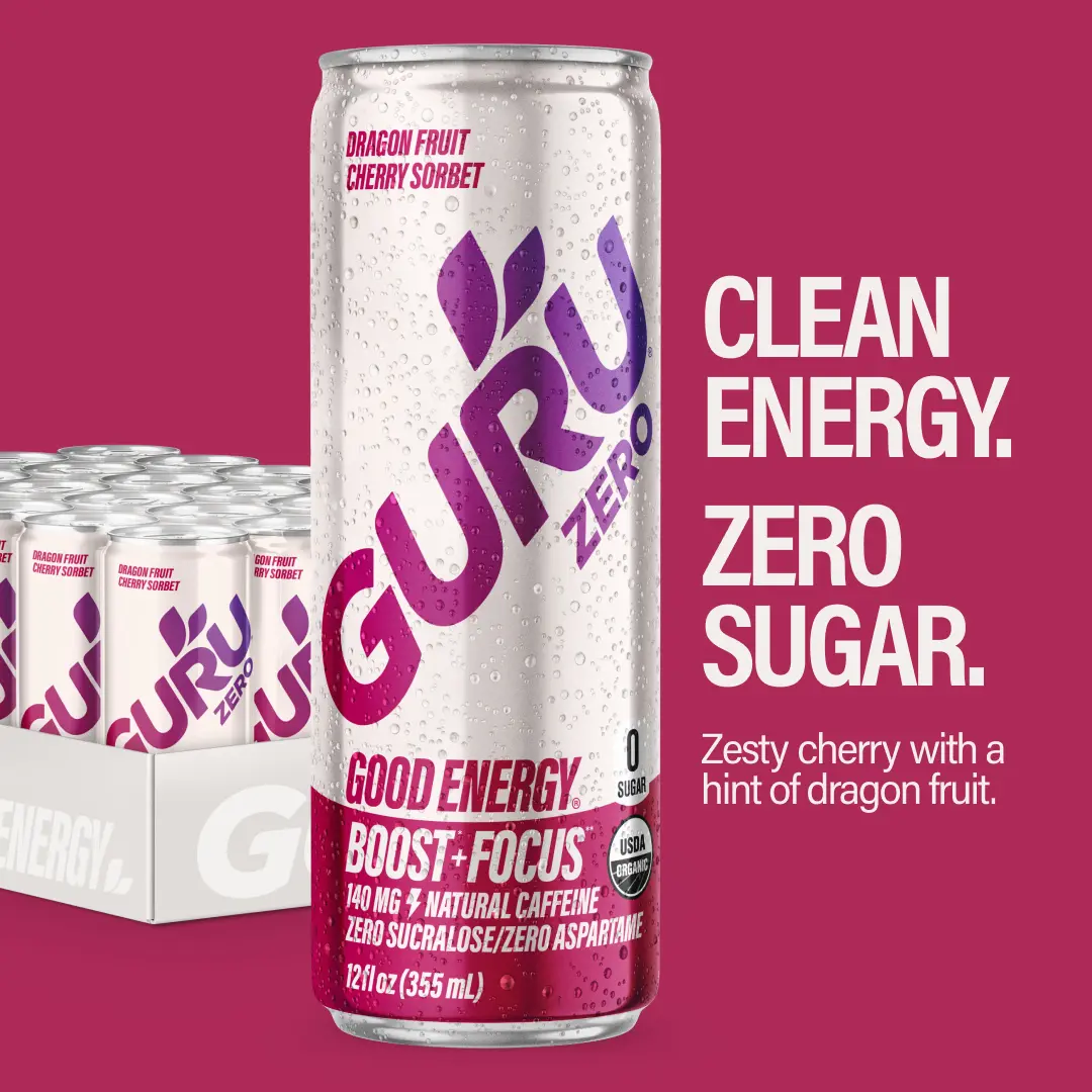 GURU ZERO SUGAR Organic Energy Drink, Dragon Fruit Cherry Sorbet with Plant Based Natural Caffeine from Green Tea, Coconut Water, Prebiotic, Zero Added Sugars, Gluten Free & Vegan, Pre Workout Beverage, 140MG Caffeine, 12 Oz (Pack of 24)