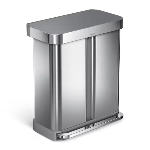 simplehuman 58L Dual Compartment Recycler Kitchen Step Trash Can Brushed Steel