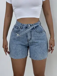 Women's High Waist Denim Shorts Fitted, Fit Casual Basic Fashion Water Washed Jeans, Cross Front Design Breathable, Daily Wear Party Commute Leisure