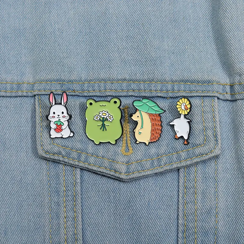 4pcs Cute cartoon brooch animal hedgehog rabbit frog goose collar needle clothing accessories metal badge