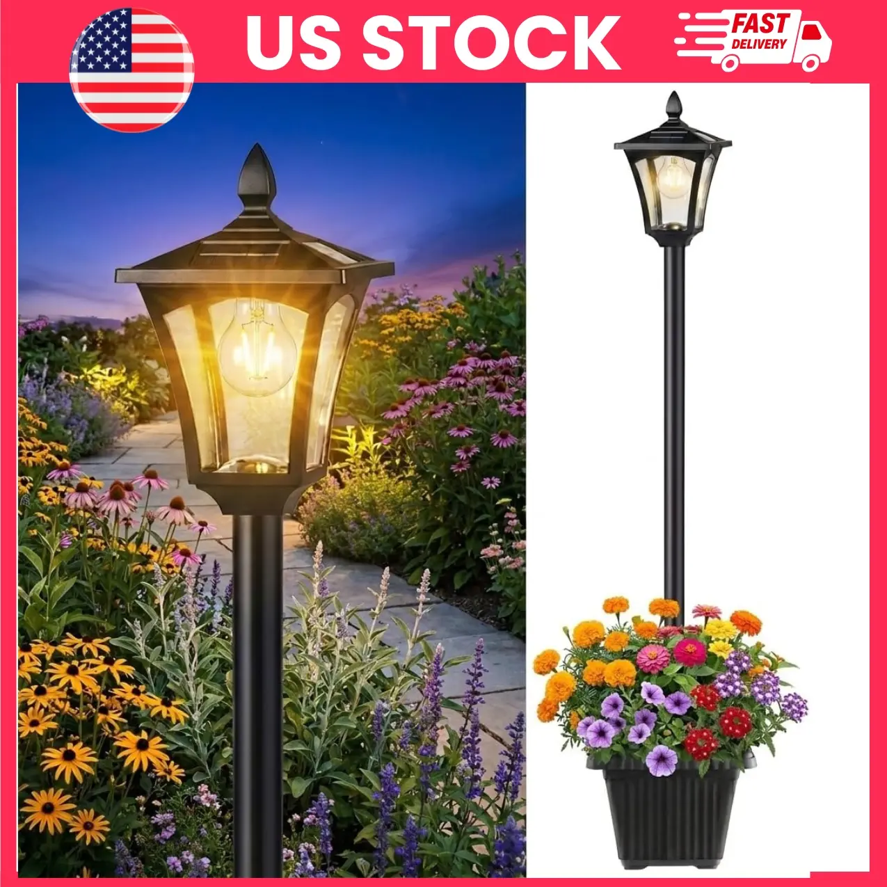 Solar Lamp Post Light with Planter, 76 Inch Outdoor Solar Post Light, Dusk to Dawn Solar Street Lamp, Waterproof Garden Lamp Post with Real Glass Panels, Warm White Solar Yard Light for Driveway Porch Patio Walkway Landscape Decor