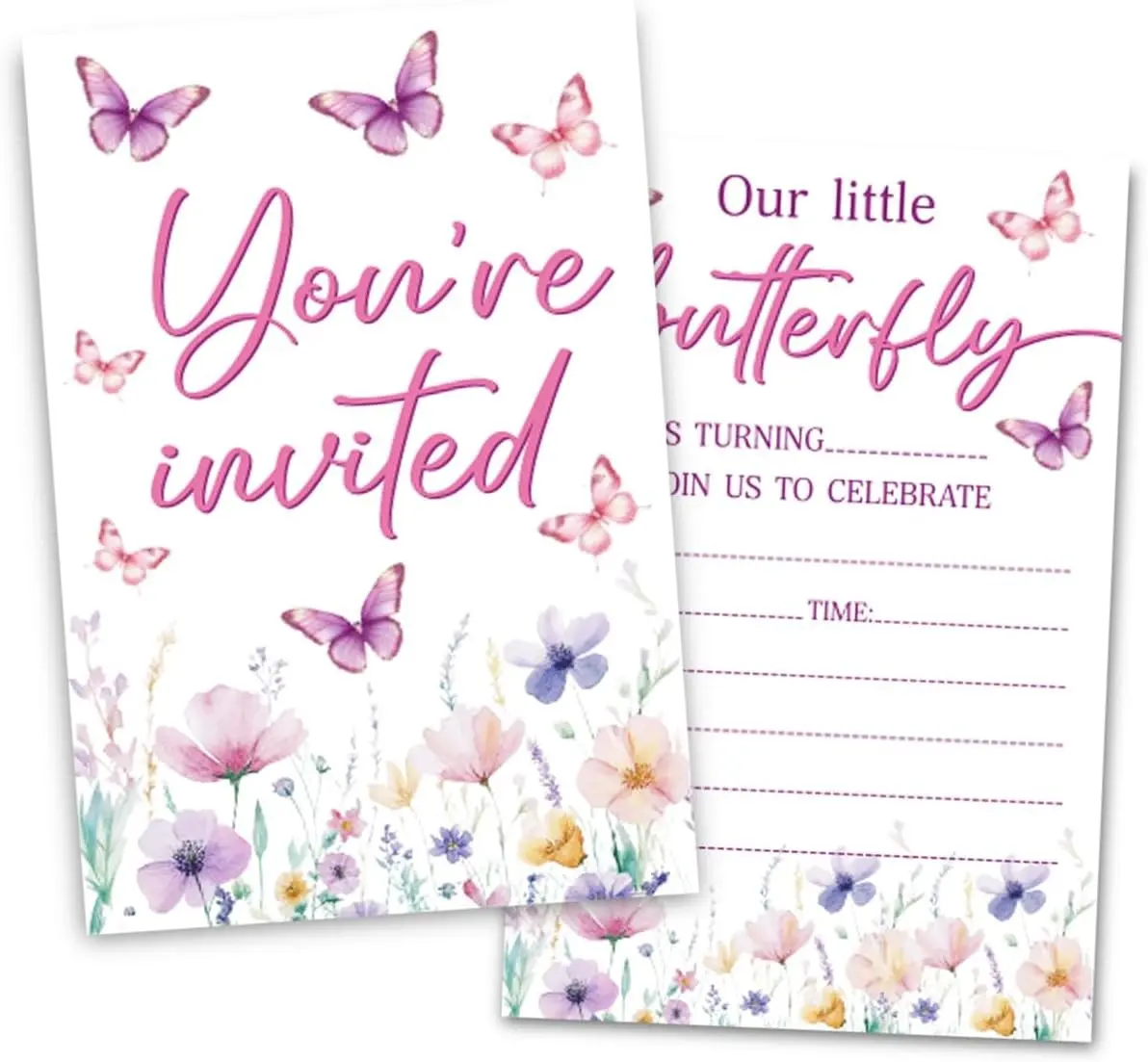 Pink Butterfly Birthday Party Invitations, Wildflower Butterfly Invitations Card for Girls (30 Cards & 30 Envelopes)