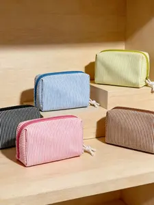 Cute Striped Cosmetic Wristlet Bag, Macaron Color Stripe Pencil Case, Portable Handheld Makeup Storage, Multifunctional Travel Toiletry Bag, Handheld Cosmetic Pouch, Travel Cosmetic Bags