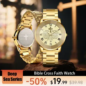【Holiday Haul】Men's and Women’s Watch with Bible Verse and Cross Design, Waterproof Stainless Steel Band, Business Casual Style, Gold Sapphire Crystal, Perfect Gift for Birthdays, Christmas, and Halloween Quartz Chronograph Rhinestone
