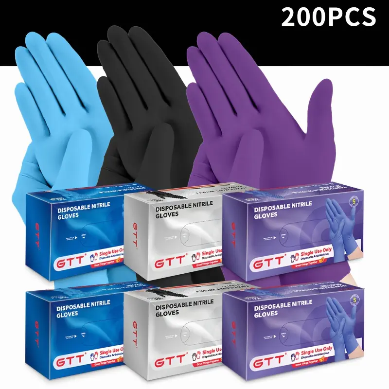 Disposable Nitrile Gloves In Packs Of 200, Available In Blue, Black, And Purple, with A 6-mil Thickness. They Are Waterproof And Touchscreen-compatible, Suitable for Applications Such As Maintenance And Cleaning (sizes S, M, L, XL)
