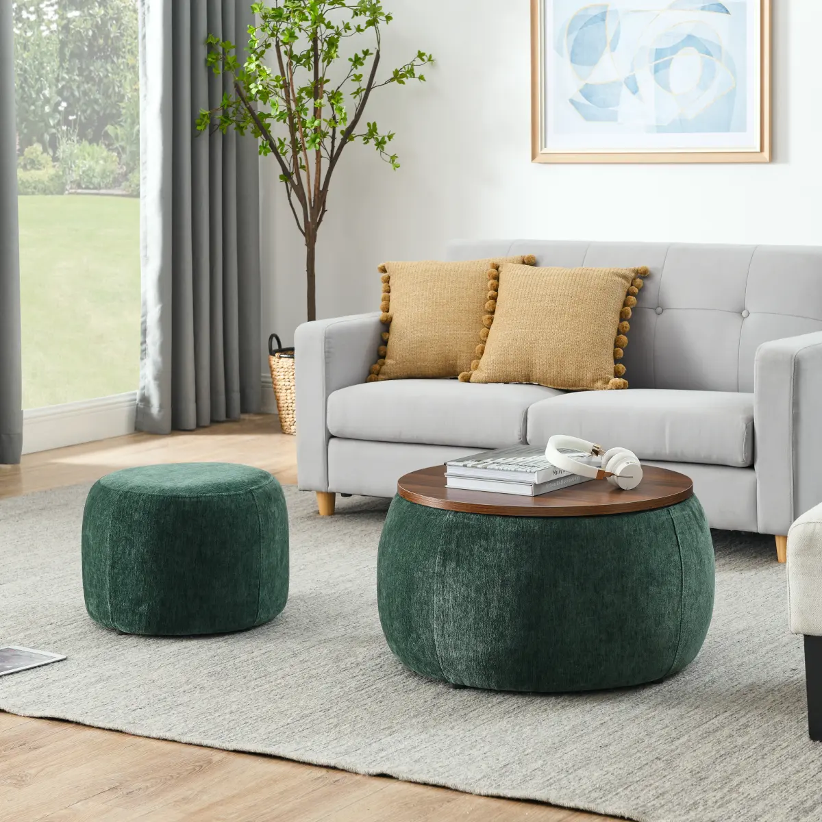 Round Upholstered Storage-Ottoman Set with Wood Tray, Large Storage Coffee Table w/Footstool & Removable Lid, Dia 25" Padded Bench & End Side-Table for Living Bedroom, Green, Foot Rest Stool, Soft Cushioned Stool